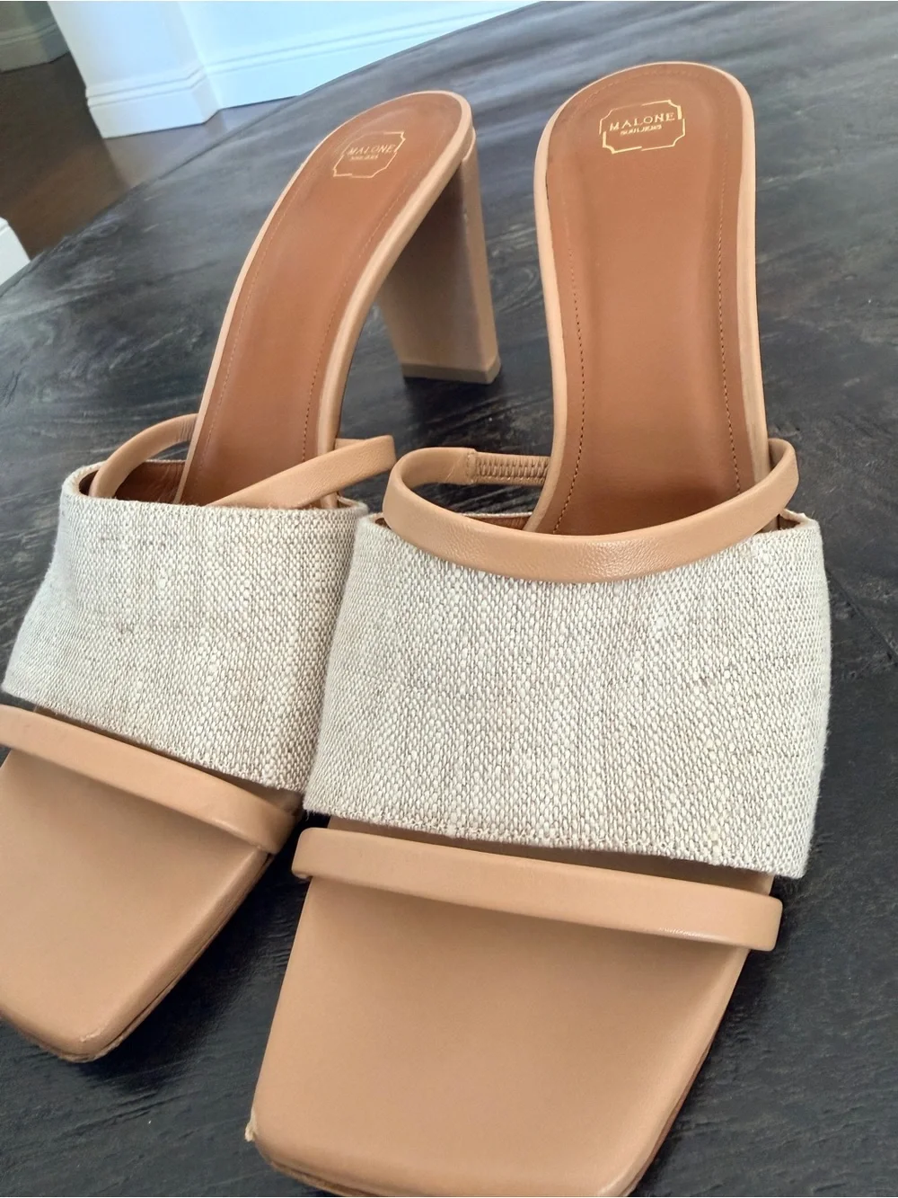 Malone Souliers Demi Linen & Tan Block Heel Mule Slide 42